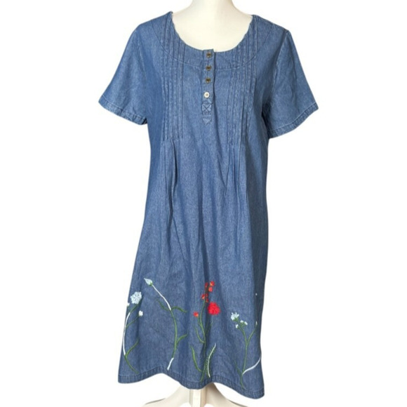 Country Store Midi Dress Mumu Embroidered Denim Size Medium Blue Floral Cottage - Picture 8 of 8